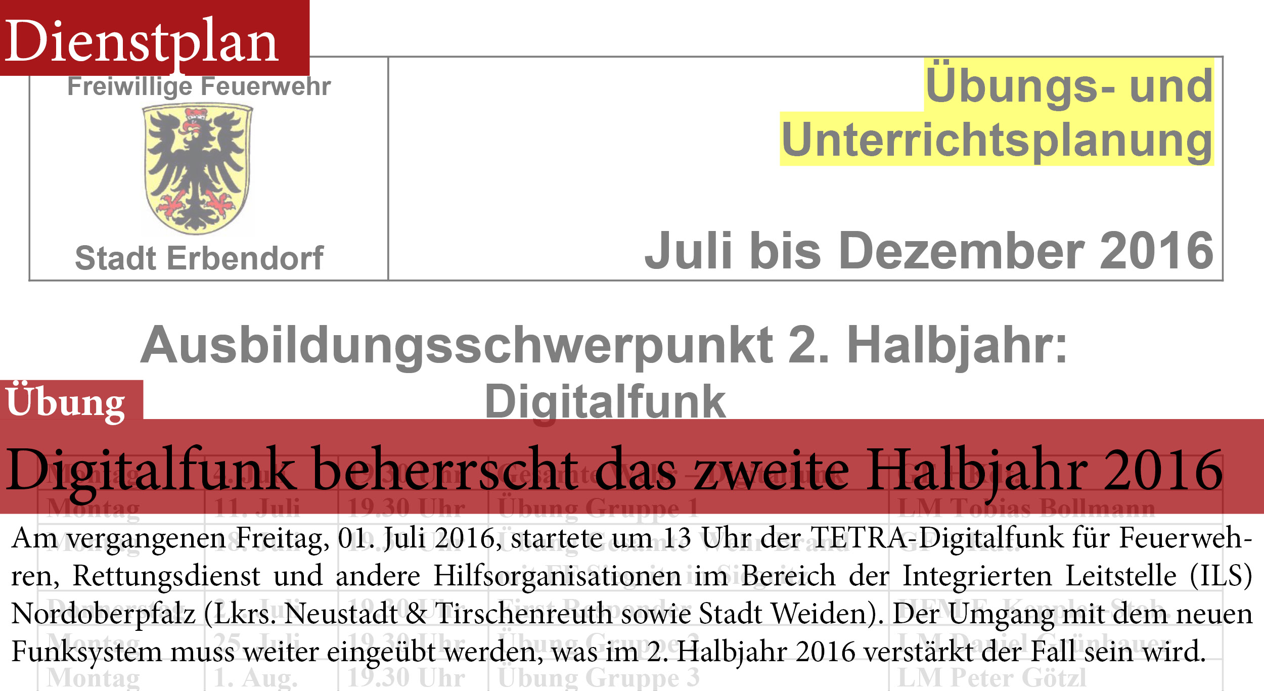 Dienstplan FFW Erbendorf Übung 2016 2. Halbjahr